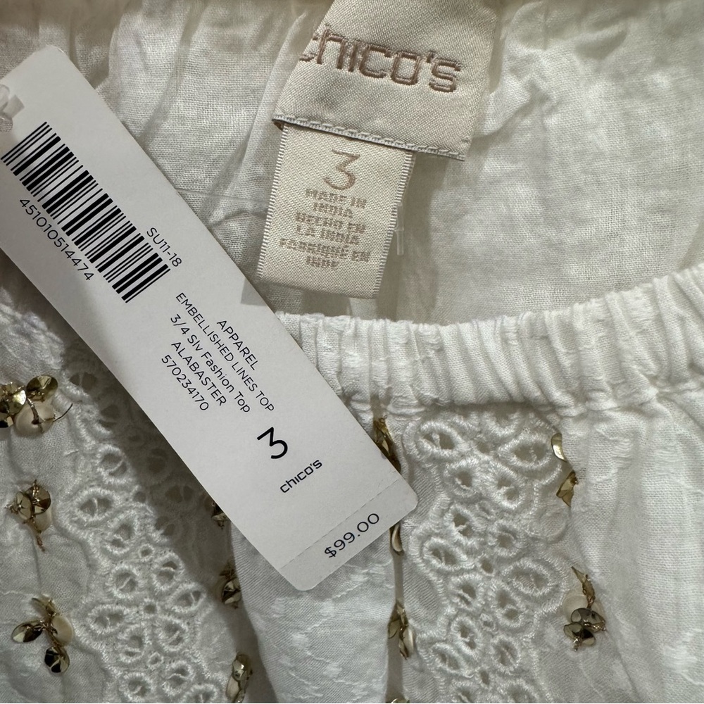Chico’s Size 3 US XL 16–18 White Alabaster Embellished Eyelet Peasant Boho Top - Picture 7 of 7